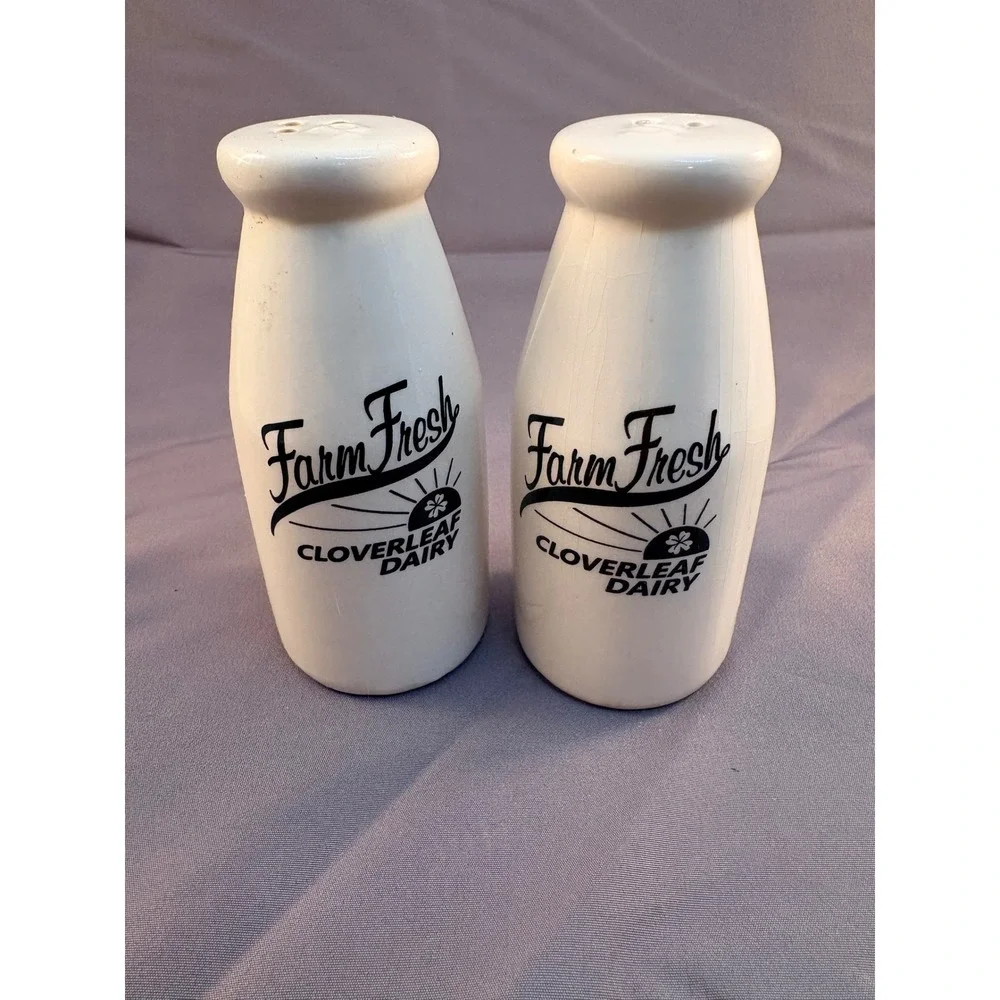 Farm Fresh Cloverleaf Dairy Milk Bottle Ceramic Salt and Pepper Shaker Set White